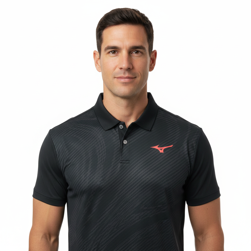 Mizuno Charge Shadow Polo polo nera indossata da uomo mezzo busto