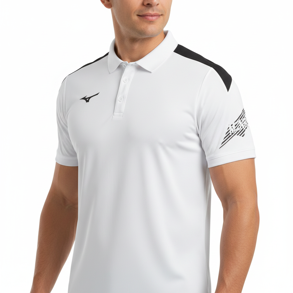 Mizuno Team MZNRB Polo polo bianca nera indossata da atleta adulto mezzo busto
