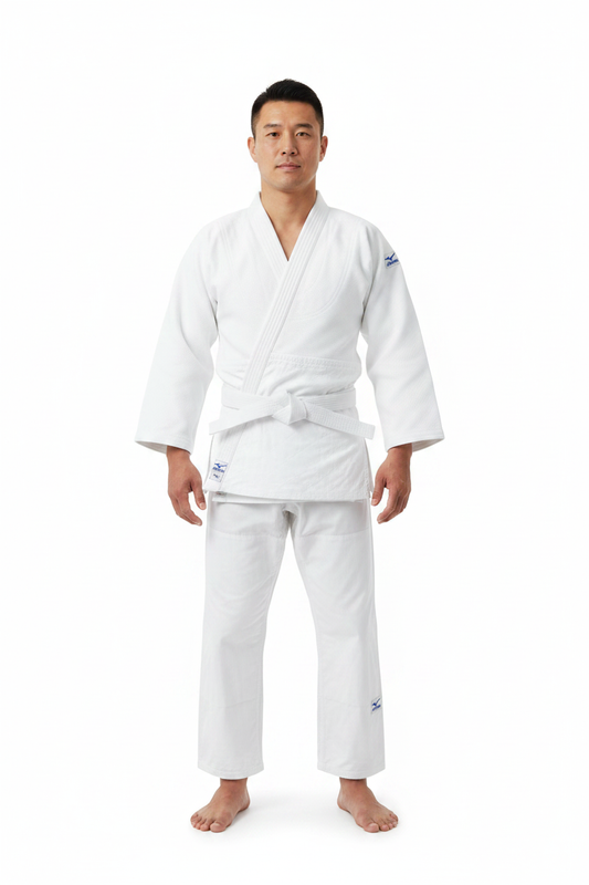 Mizuno Judo Shiro Judogi kimono bianco indossato da judoka adulto figura intera
