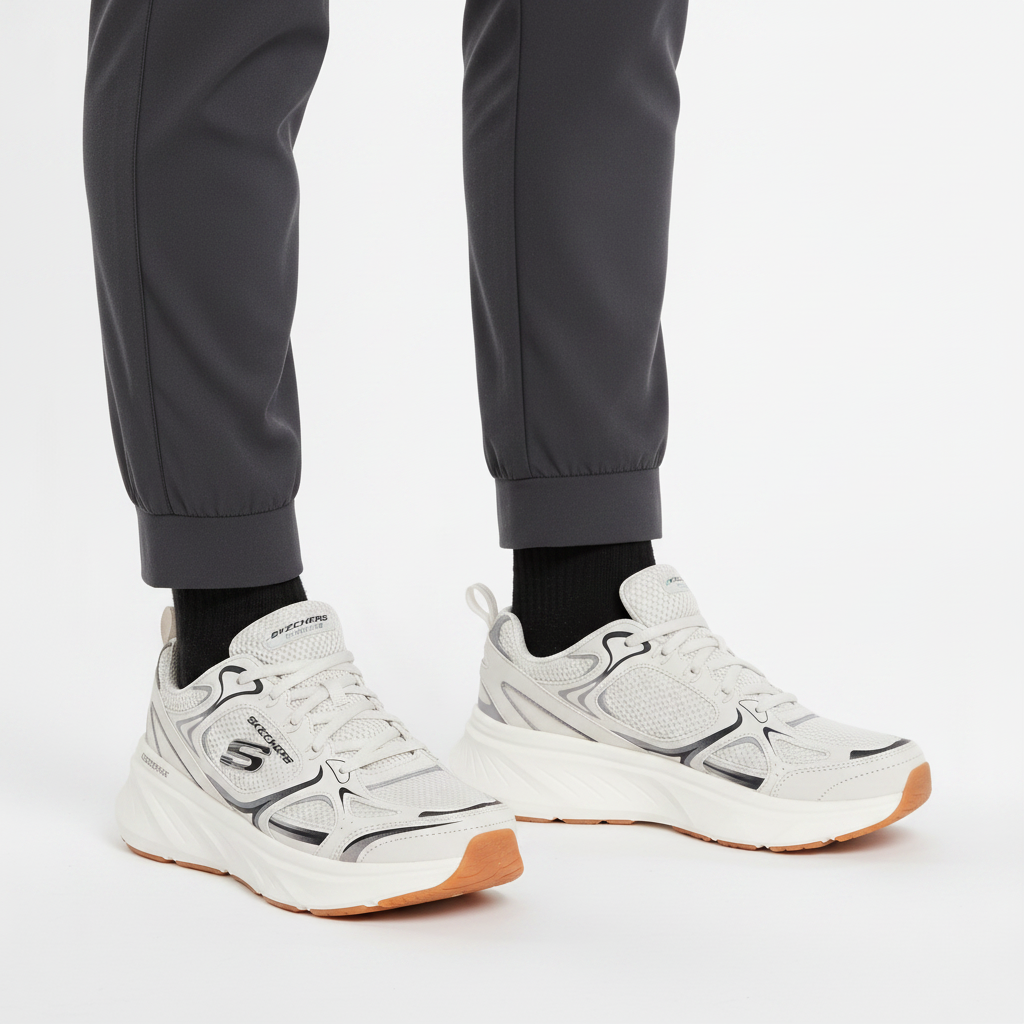 Persona che indossa le Skechers Edgeride Exodis 232844 sneaker running Bianco/Naturale su sfondo bianco