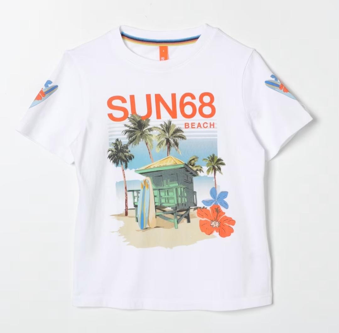 Sun68 BOY'S T-SHIRT ALL OVER PRINT  S/S	BIANCO PANNA/VERDE SCURO T34344-3137