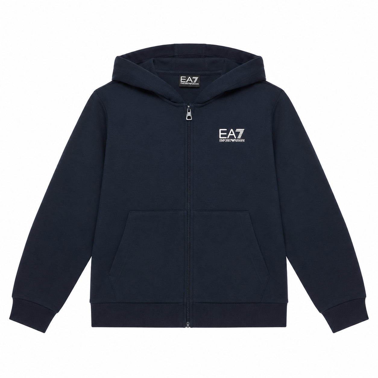 EA7 Felpa blu scuro con cappuccio, chiusura con cerniera e tasche frontali, ideale per un abbigliamento quotidiano comodo, pratico e versatile. 7B000064-UB102