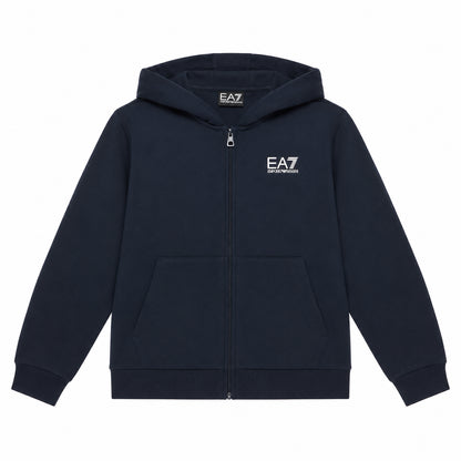 EA7 Felpa blu scuro con cappuccio, chiusura con cerniera e tasche frontali, ideale per un abbigliamento quotidiano comodo, pratico e versatile. 7B000064-UB102
