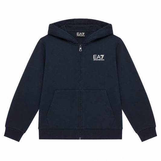 EA7 Felpa blu scuro con cappuccio, chiusura con cerniera e tasche frontali, ideale per un abbigliamento quotidiano comodo, pratico e versatile. 7B000064-UB102