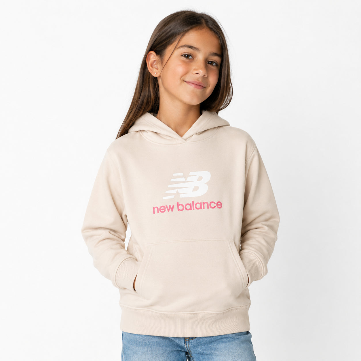 New Balance FT Stacked Logo Hoodie LAKG0207-BIS | Felpa con Cappuccio Bambina | Bisque