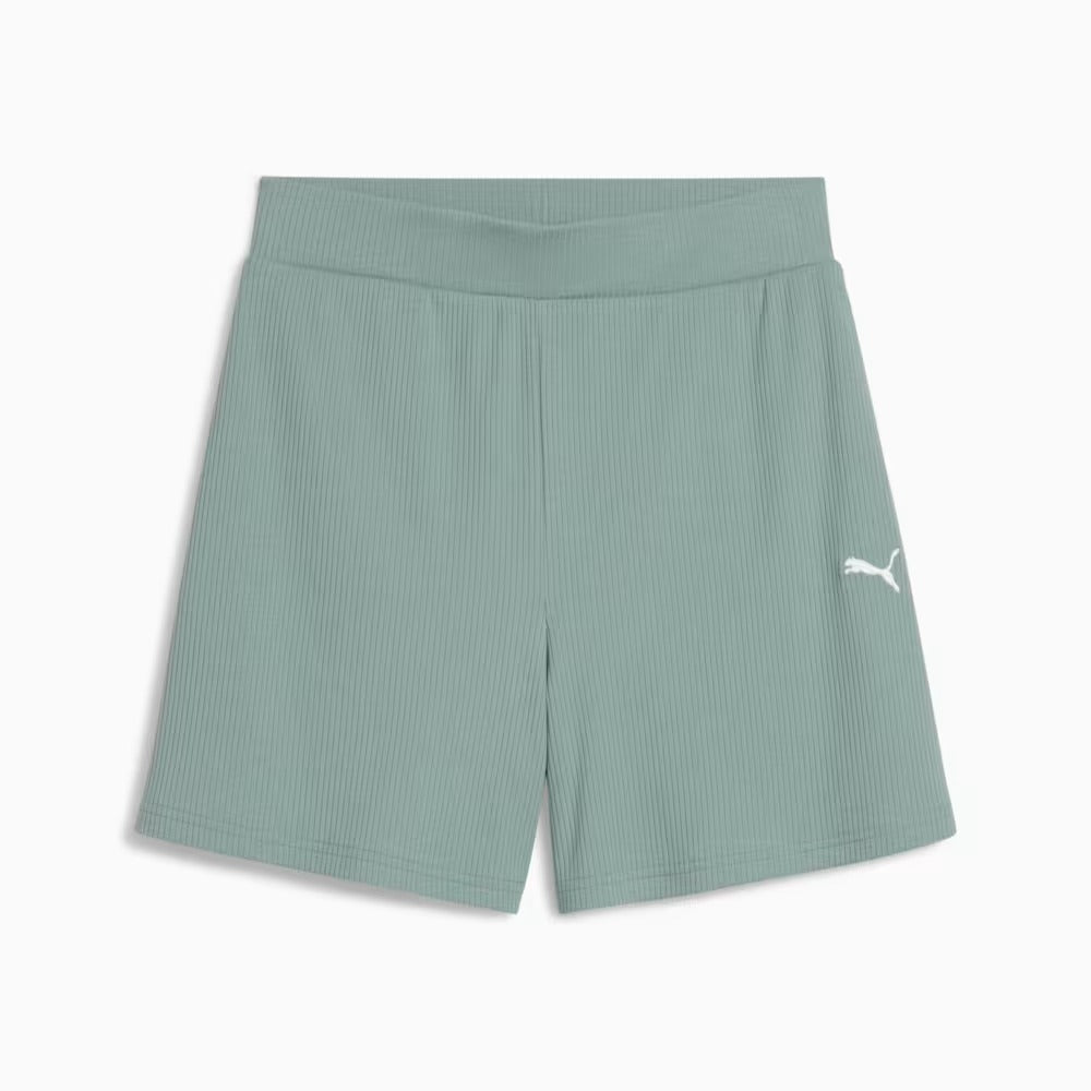 PUMA ESS ELEVATED HIGH-RISE RIB SHORTS 5" GREEN 685026-30