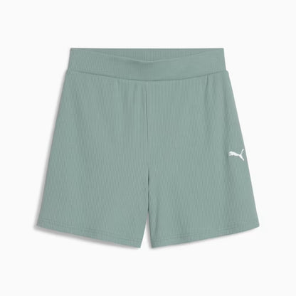 PUMA ESS ELEVATED HIGH-RISE RIB SHORTS 5" GREEN 685026-30
