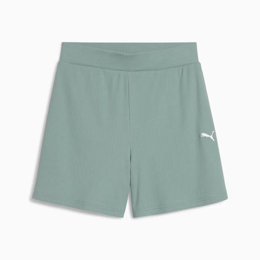 PUMA ESS ELEVATED HIGH-RISE RIB SHORTS 5" GREEN 685026-30