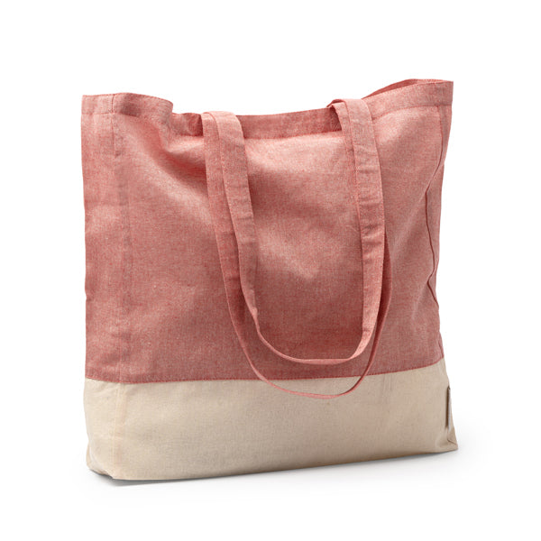 Roly Borsa in cotone riciclato con design in finitura mélange e cotone naturale da 120 g/m² con linguetta. Manici rinforzati lunghi 70 cm INCA