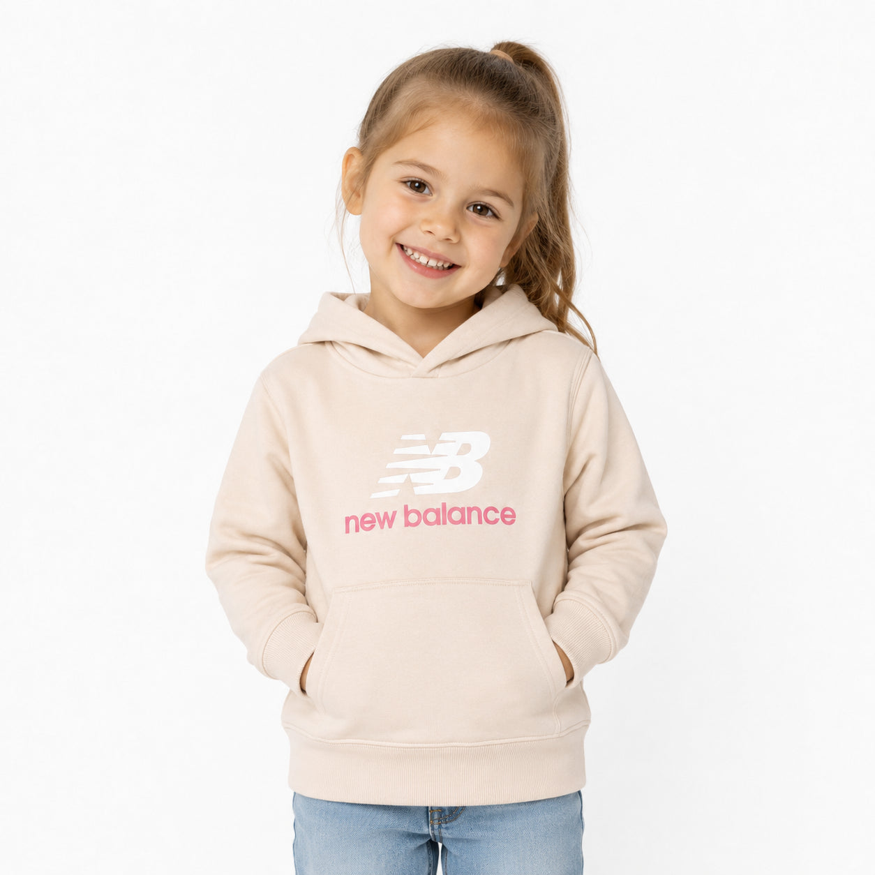 New Balance Stacked Logo FT Hoodie LAKG0248-BIS | Felpa con Cappuccio Bambino/a | Bisque