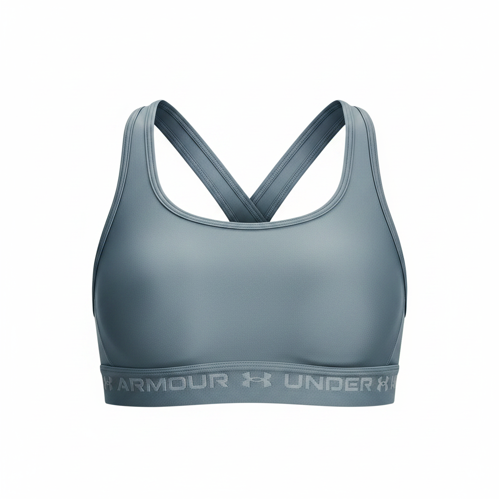 Under Armour Crossback Mid reggiseno jasper blue flat lay sfondo bianco