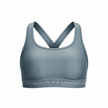 Under Armour Crossback Mid reggiseno jasper blue flat lay sfondo bianco