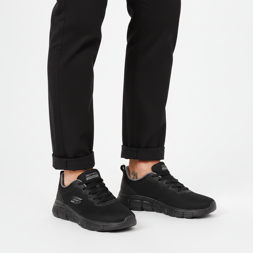 Uomo che indossa le Skechers Bobs B Flex Icy Edge 118109 sneaker Nero su sfondo bianco