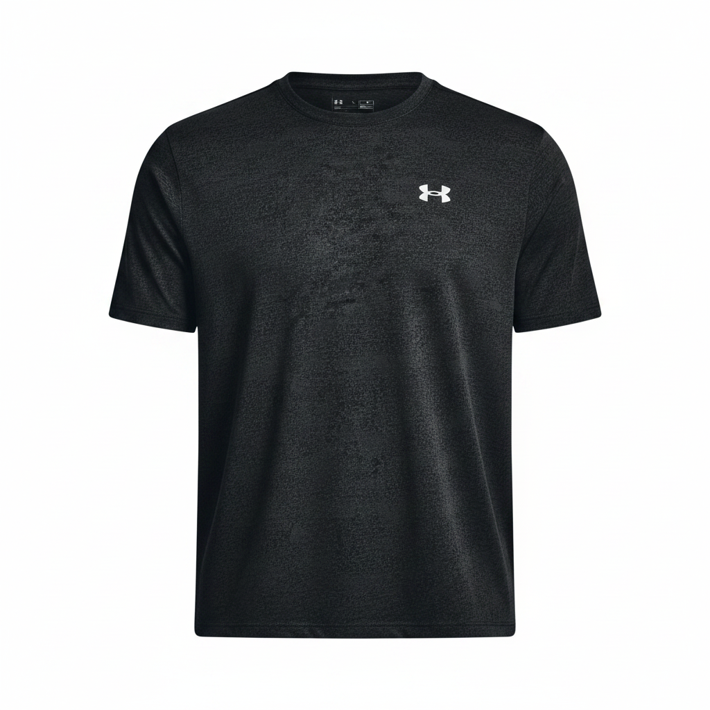 Under Armour Tech Tee Pixelate t-shirt nera flat lay sfondo bianco