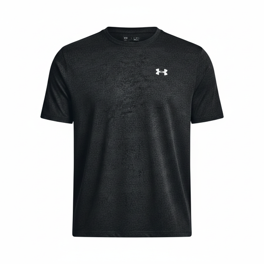 Under Armour Tech Tee Pixelate t-shirt nera flat lay sfondo bianco