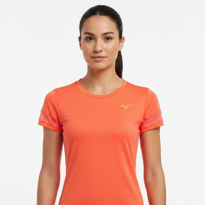 Mizuno Athletics Tee t-shirt running donna arancio corallo indossata mezzo busto