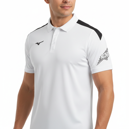 Mizuno Team MZNRB Polo polo bianca nera indossata da atleta adulto mezzo busto
