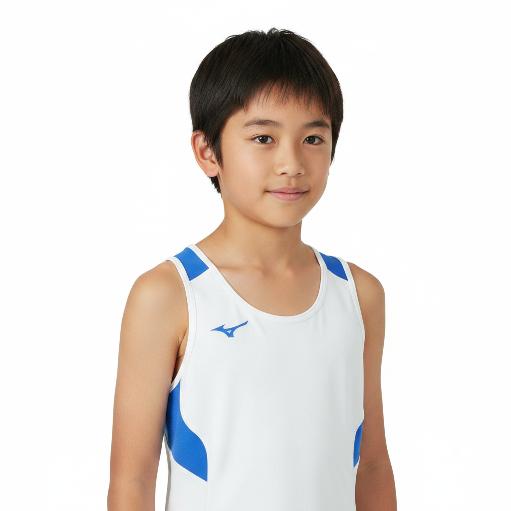 Mizuno Team Authentic Kids Singlet canotta bianca blu indossata da ragazzo mezzo busto