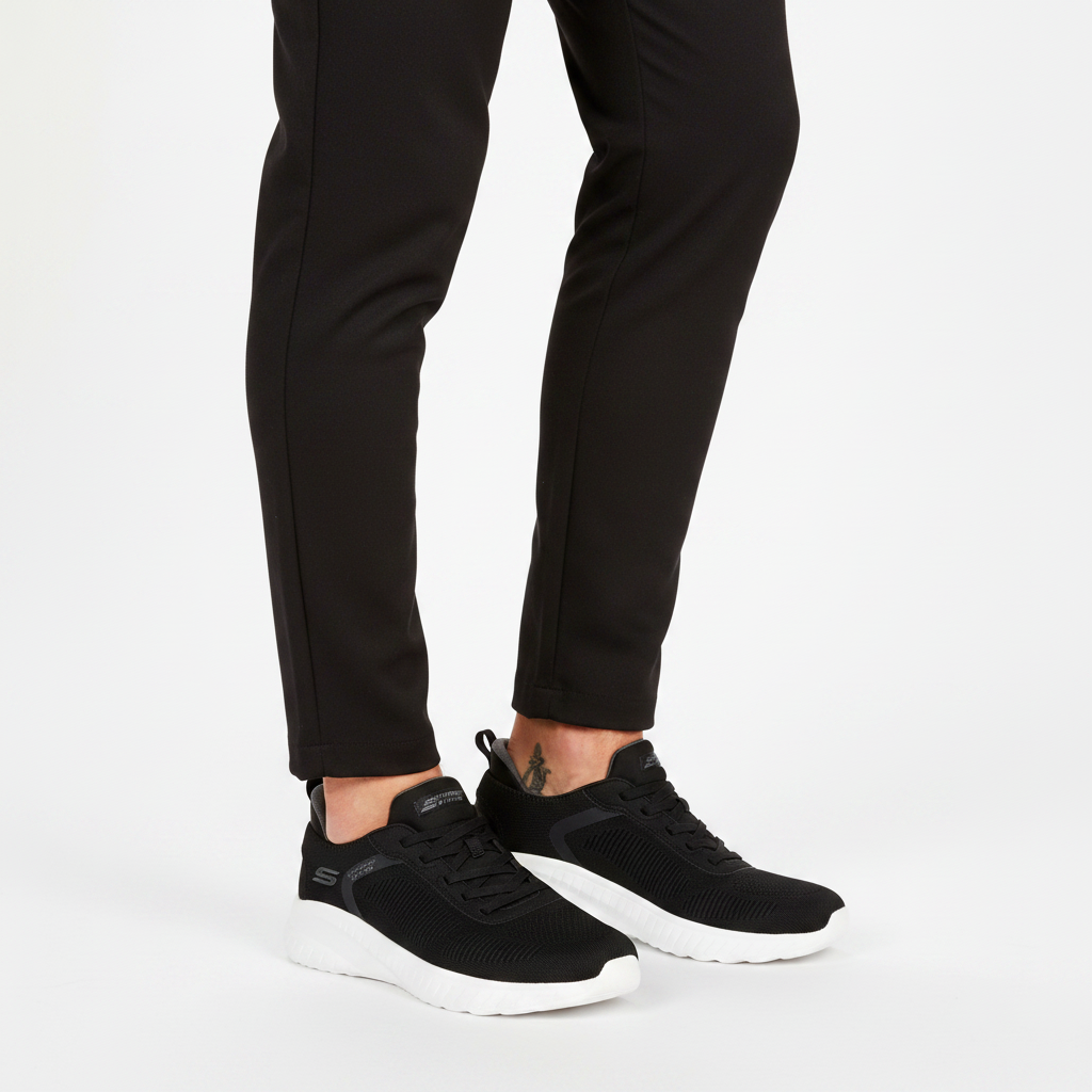 Uomo che indossa le Skechers Bobs Squad Chaos Solid Step 118312 sneaker Nero su sfondo bianco