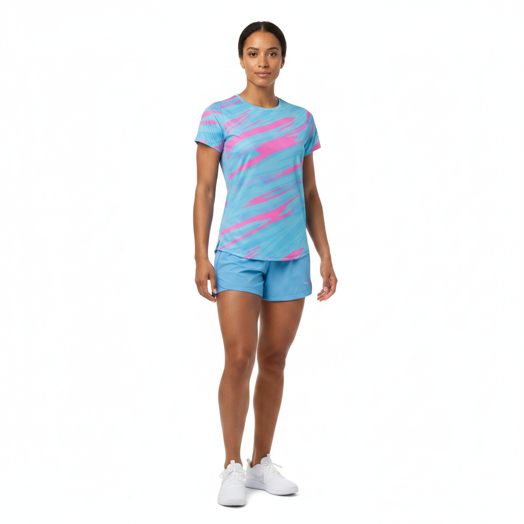 Mizuno Active Dryaero Graphic Tee W J2GAA21023 - Celeste Polvere indossata