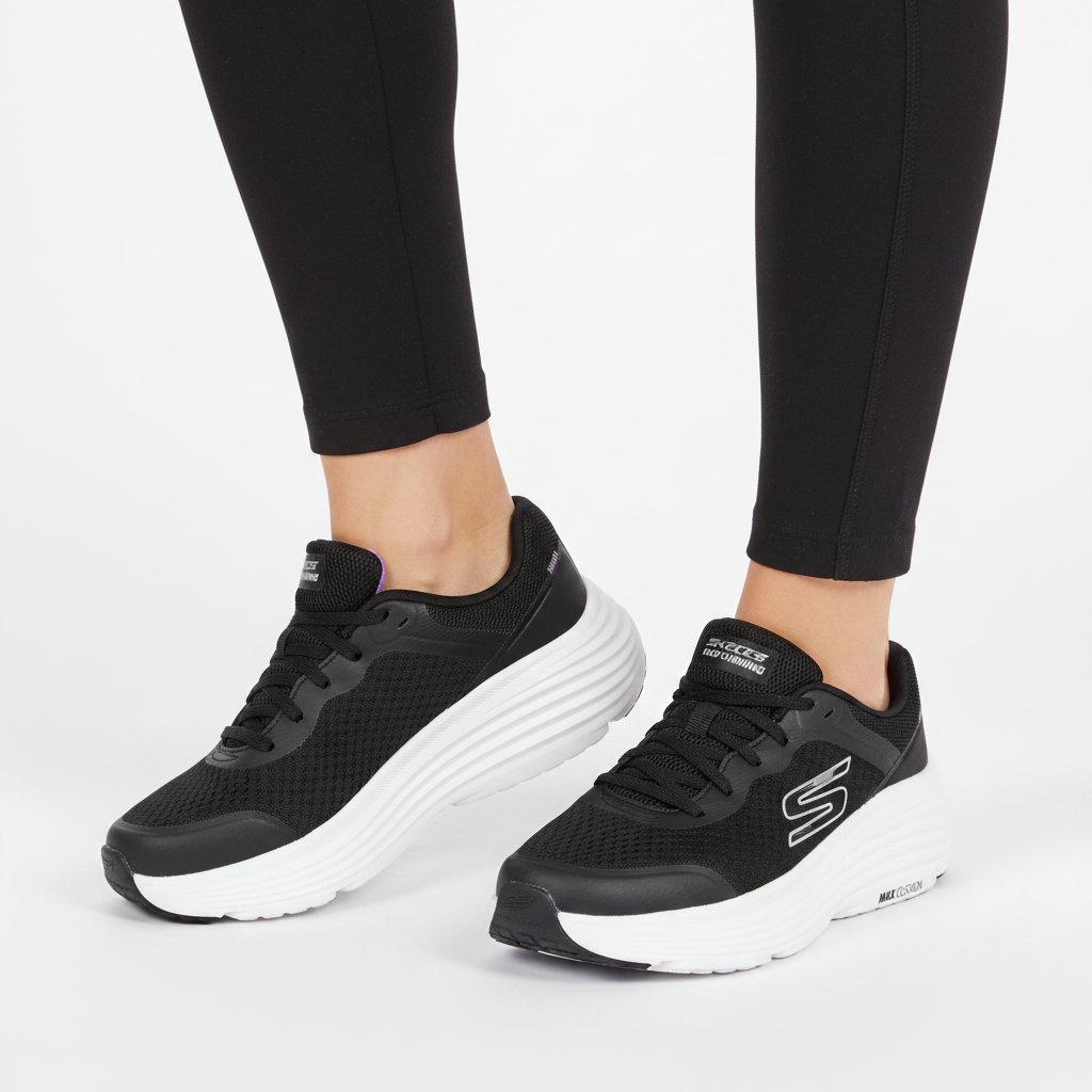 Donna che indossa le Skechers Max Cushioning Endeavour 129470 sneaker running Nero/Bianco su sfondo bianco