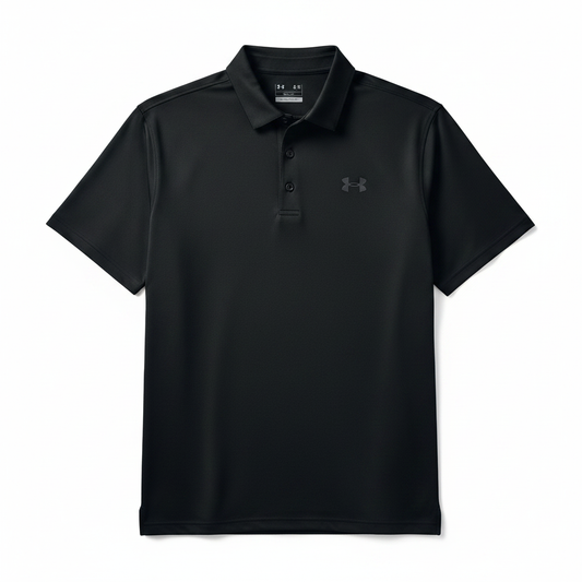 Under Armour Matchplay Polo nera flat lay sfondo bianco