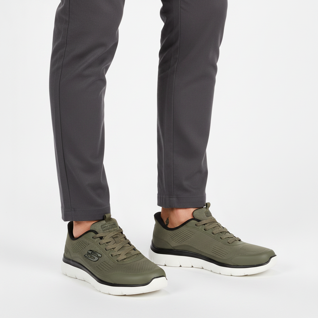 Uomo che indossa le Skechers Summits Leyter 233047 sneaker Verde Oliva/Nero su sfondo bianco