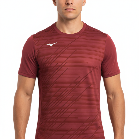 Mizuno Team Chiba Tee t-shirt bordeaux indossata da atleta adulto mezzo busto