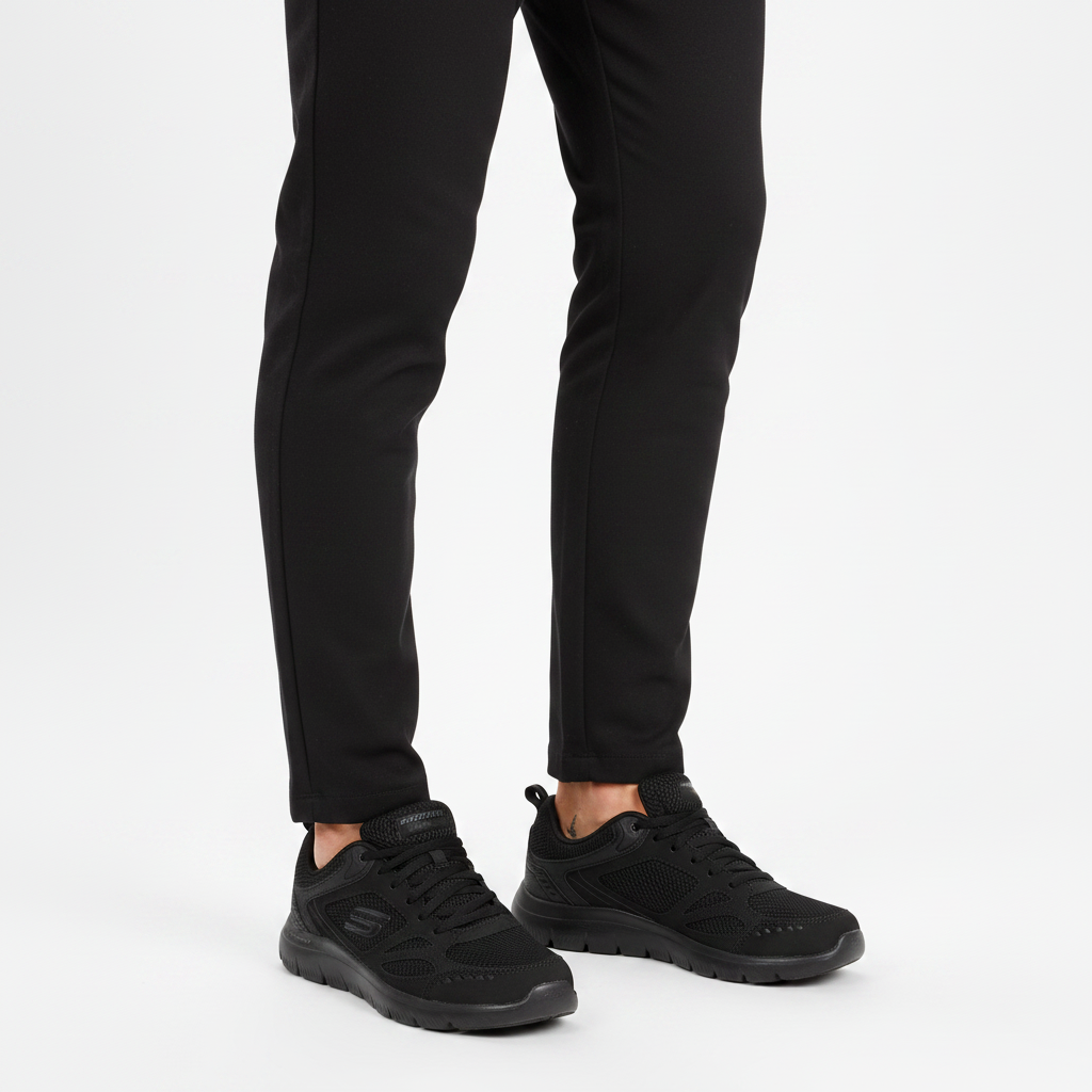 Uomo che indossa le Skechers Summits South Rim 52812 sneaker Nero su sfondo bianco