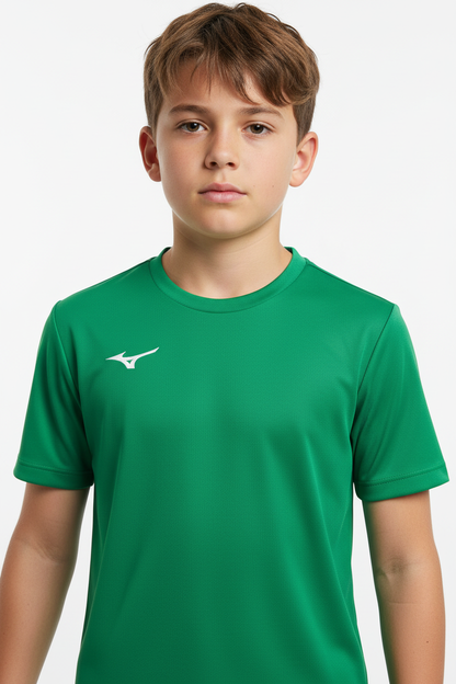 Mizuno Team Training Tee JNR t-shirt verde indossata da ragazzo busto