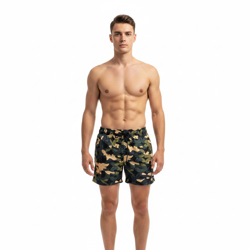 Uomo che indossa il DS2 Costume Mare SS26B17 boxer Verde Camouflage su sfondo bianco