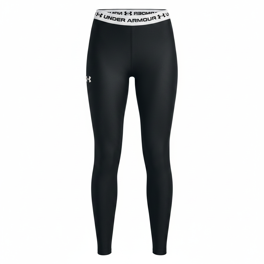 Under Armour HeatGear leggings neri flat lay sfondo bianco
