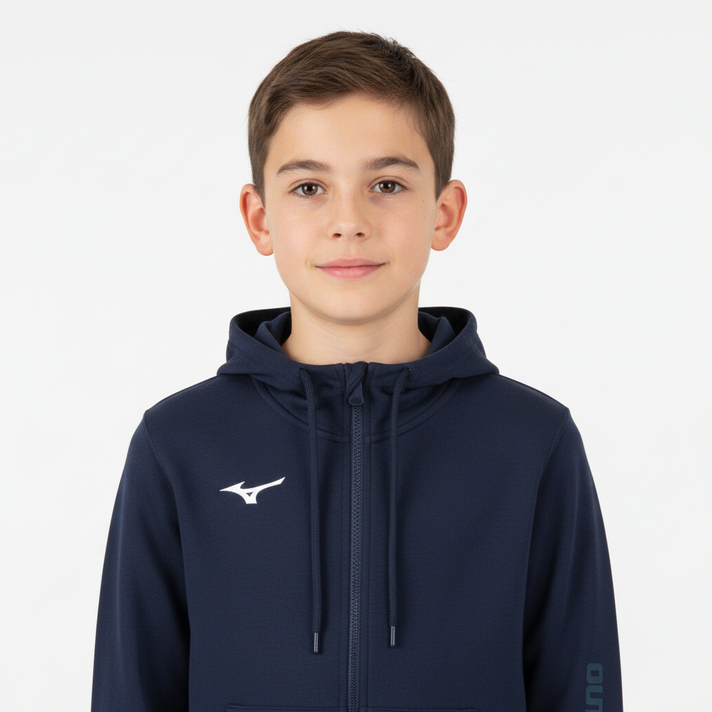 Mizuno Team Miz Sweat FZ Hoodie JNR felpa blu navy indossata da ragazzo mezzo busto
