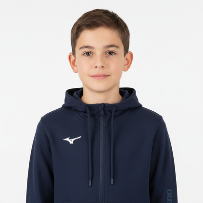 Mizuno Team Miz Sweat FZ Hoodie JNR felpa blu navy indossata da ragazzo mezzo busto