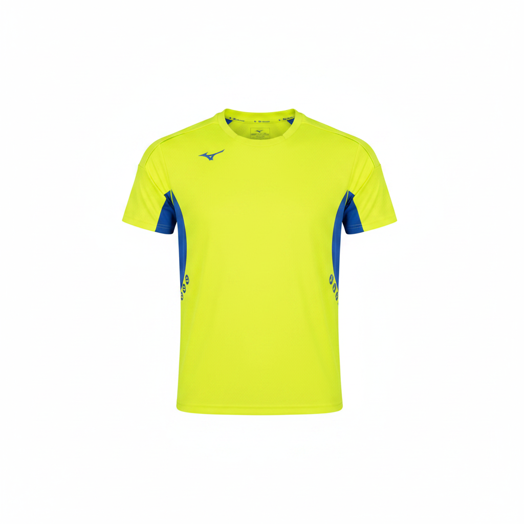 Mizuno Team Premium JPN Tee t-shirt gara unisex giallo fluo con pannelli blu royal vista frontale 1:1