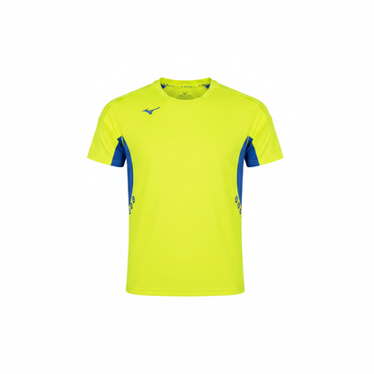 Mizuno Team Premium JPN Tee t-shirt gara unisex giallo fluo con pannelli blu royal vista frontale 1:1