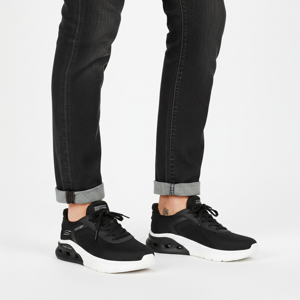 Uomo che indossa le Skechers Bobs Arc Waves 2.0 118317 sneaker Nero su sfondo bianco