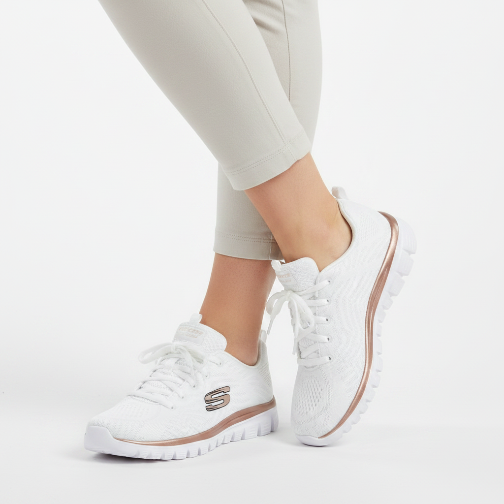 Donna che indossa le Skechers Graceful Get Connected 12615 sneaker Bianco/Rose Gold su sfondo bianco