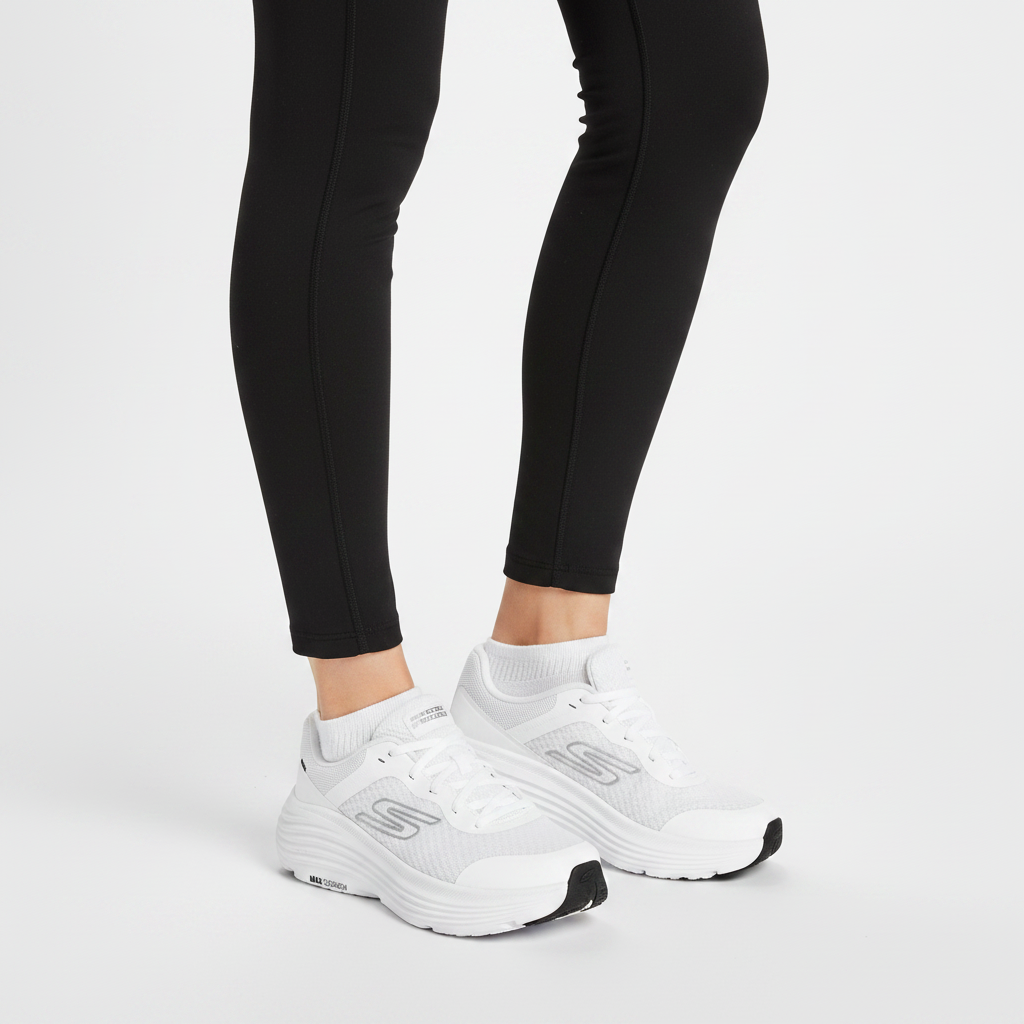 Donna che indossa le Skechers Max Cushioning Endeavour 129470 sneaker running Bianco/Nero su sfondo bianco