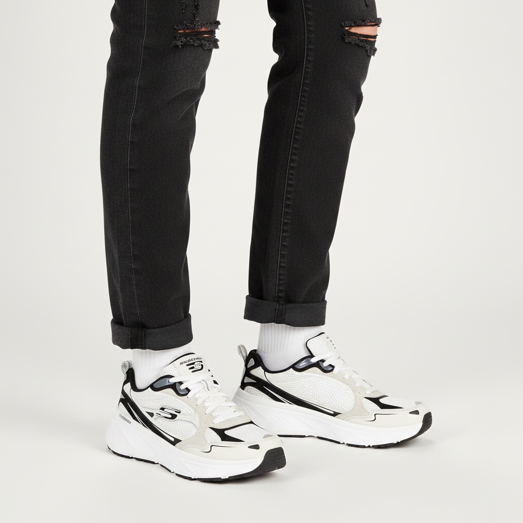 Persona che indossa le Skechers Edgeride Cool Fusion 150493 sneaker Bianco/Nero su sfondo bianco