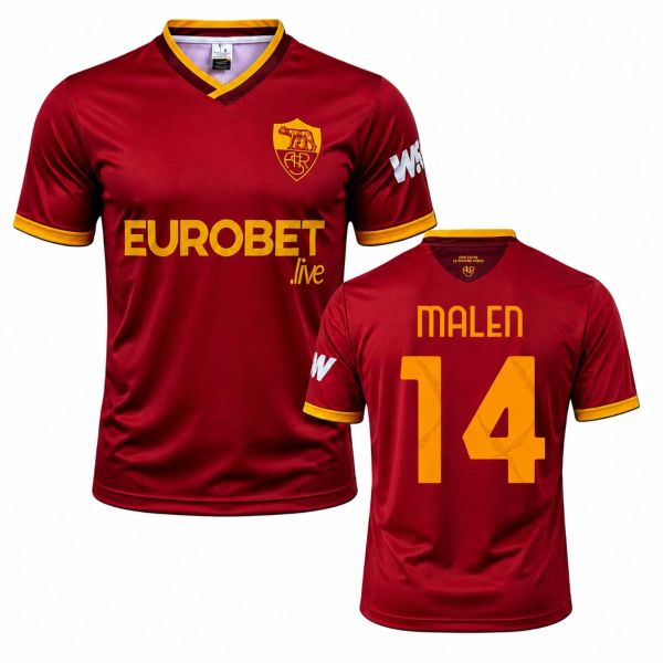 Roma Maglia Calcio 26/27 Malen RO0327 – Granata maglietta bambini e ragazzi in poliestere con stampa Malen, abbigliamento per giovani tifosi romanisti