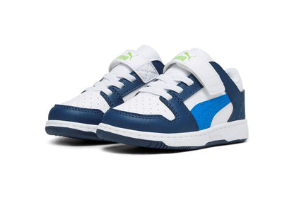 370493-21 Puma Rebound Layup Lo SL V Inf White-Racing Blue-Persian Blue-Parakeet Green