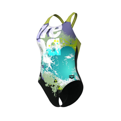 006688-560 ARE WOMEN'S ARENA WAVES BREAKING SWIMSUIT V BLACK MULTI-BLACK-SOFT GRE