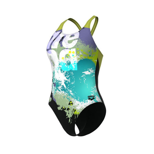 006688-560 ARE WOMEN'S ARENA WAVES BREAKING SWIMSUIT V BLACK MULTI-BLACK-SOFT GRE