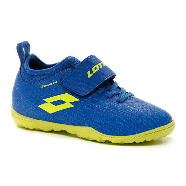 Lotto SOLISTA 700 IV TF CL SL skydiver blue/safety yellow/diva b scarpe calcetto velcro bambini azzurro/giallo 214657-6WE