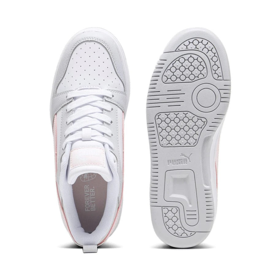 393833-07 Puma Rebound V6 Lo Jr White-Frosty Pink-Ash Gray