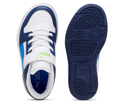 370493-21 Puma Rebound Layup Lo SL V Inf White-Racing Blue-Persian Blue-Parakeet Green