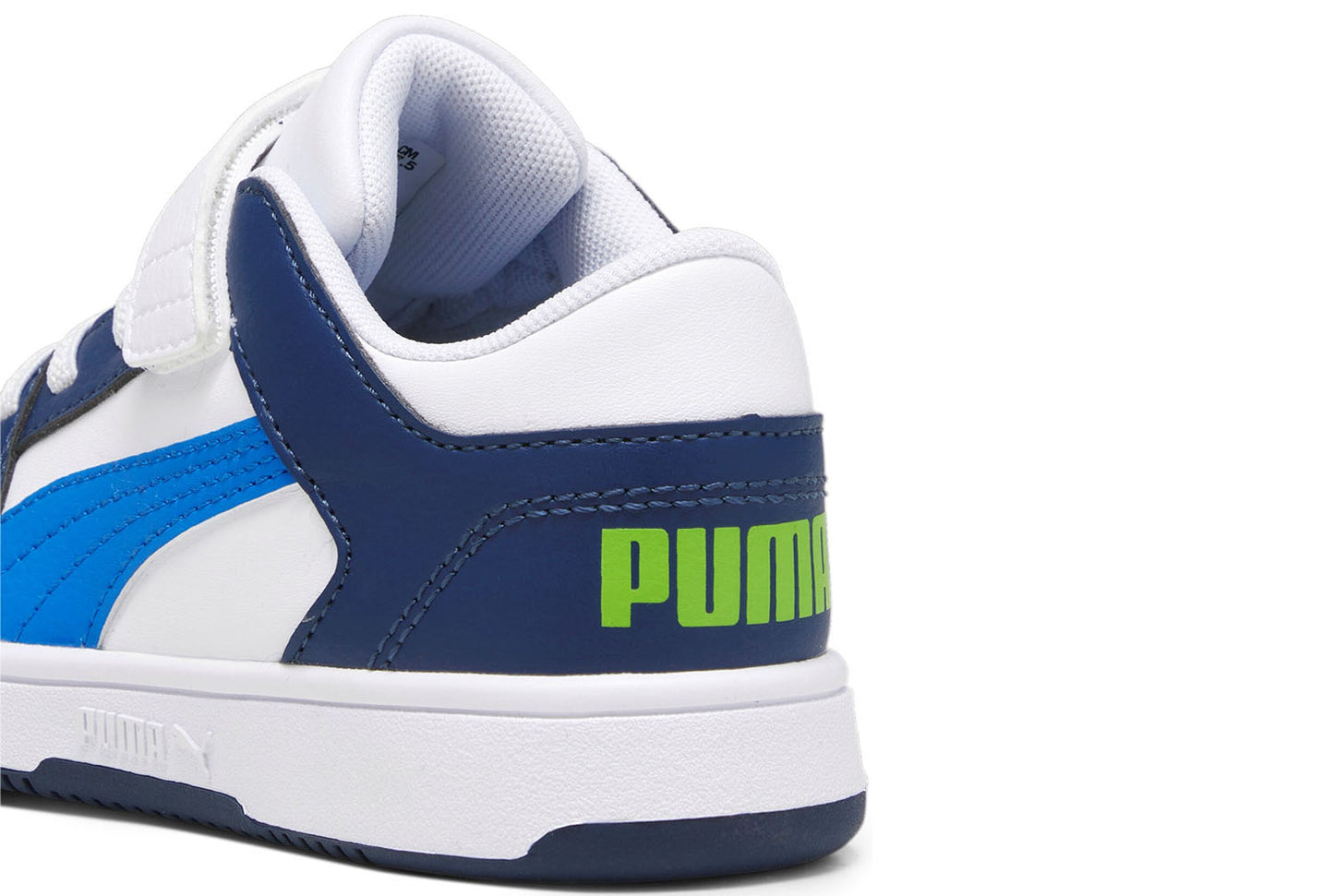 370493-21 Puma Rebound Layup Lo SL V Inf White-Racing Blue-Persian Blue-Parakeet Green